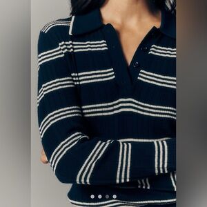 REFORMATION Hermia Long-Sleeve Ribbed Wool Polo Top NWT Navy Stripe Sz Medium